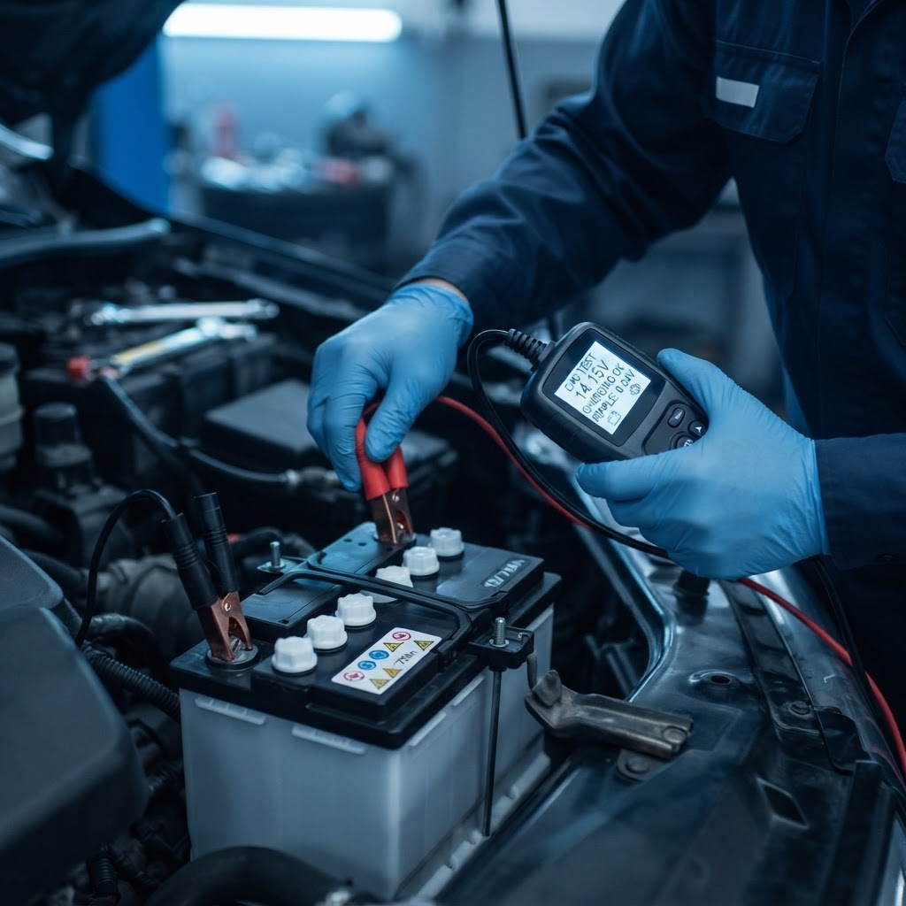 Technician testing a car's charging system with a diagnostic tool